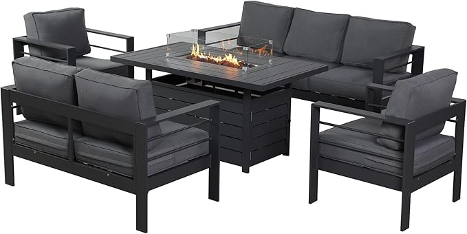 Wisteria Lane 5 Piece Aluminum Outdoor Patio Furniture Set with 54 Inch Propane Gas Fire Pit Table, Modern Patio Conversation Sets with Outdoor Sectional Couch for Backyard, Garden, Dark Grey - LeafyLoom