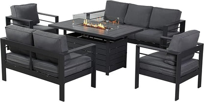 Wisteria Lane 5 Piece Aluminum Outdoor Patio Furniture Set with 54 Inch Propane Gas Fire Pit Table, Modern Patio Conversation Sets with Outdoor Sectional Couch for Backyard, Garden, Dark Grey - LeafyLoom