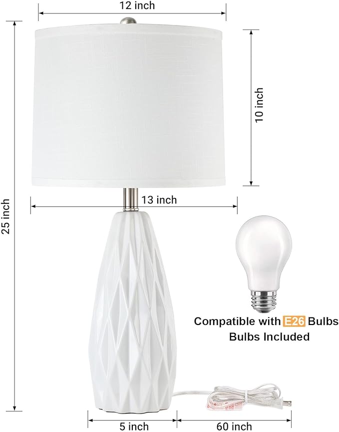 Table Lamp 25", Bedside Lamps for Bedroom Ceramic Desk Lamp White Lamp for Living Room End Table Lamps | 3-Way Dimmable Tall Nightstand Lamps Modern Geometric Lamp for Farmhouse Office(Bulb Included) - LeafyLoom