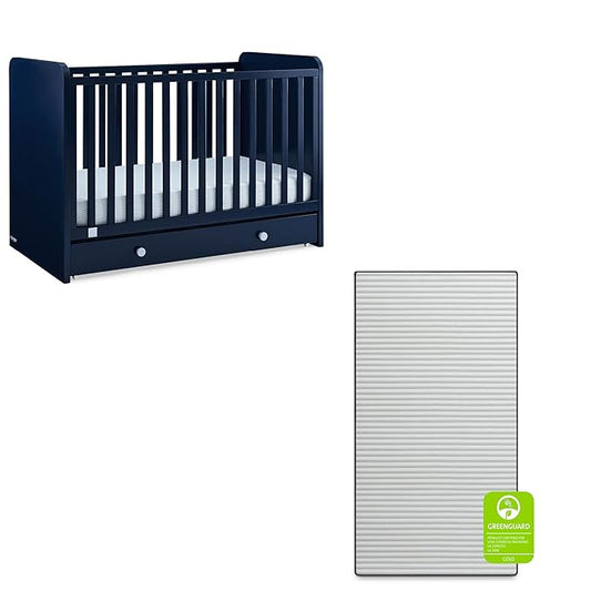 babyGap by Delta Children Graham 4-in-1 Convertible Crib with Storage Drawer TrueSleep Crib and Toddler Mattress (Bundle), Navy/Light Blue - LeafyLoom