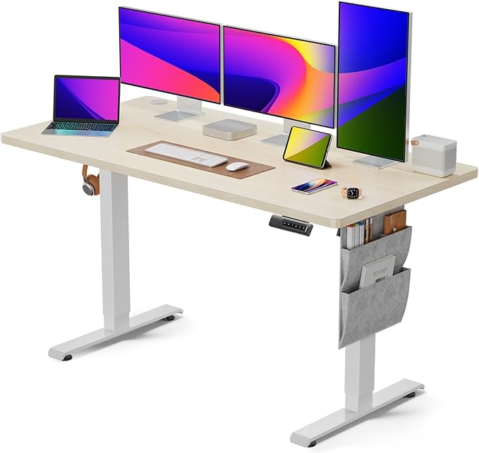 Standing Desk Adjustable Height, Electric Standing Desk with Starage Bag, Stand up Desk for Home Office Computer Desk Memory Preset with Headphone Hook, 55x24 Inch, Maple - LeafyLoom