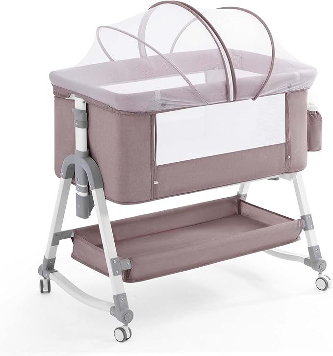 4 in 1 Baby Bassinet, Rocking Bassinets Bedside Sleeper with Comfy Mattress and Wheels, Height Adjustable Easy Folding Portable Bedside Crib for Newborn Infant,Khaki - LeafyLoom