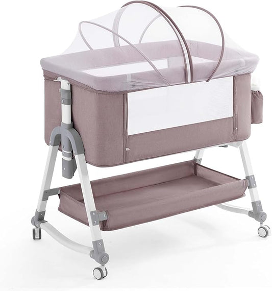 4 in 1 Baby Bassinet, Rocking Bassinets Bedside Sleeper with Comfy Mattress and Wheels, Height Adjustable Easy Folding Portable Bedside Crib for Newborn Infant,Khaki - LeafyLoom