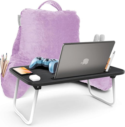 Clara Clark Reading Pillow with Portable Lap Desk Set for Kids, Back Pillow for Sitting Up in Bed, Memory Foam Back Support Pillow, Bed Rest Pillow with Foldable Laptop Desk, Small - Lavender - LeafyLoom