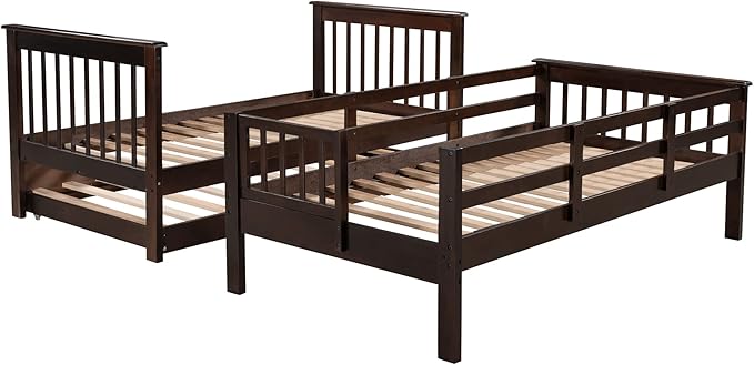 Bunk Bed with Stairs Storage, Twin Over Twin Size, Wooden Stairway Bunkbeds w/Trundle, for Kids Teens Bedroom, Detachable into Two Bedframe, Espresso - LeafyLoom