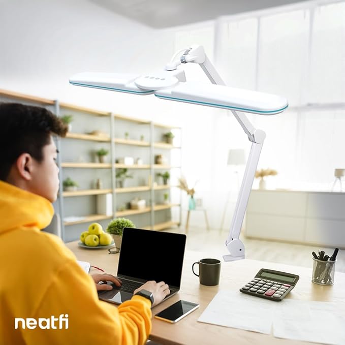 Neatfi Elite HD XL Task Lamp, 3 Light Modes, 90PCS SMD LED, Super Bright Desk Lamp, Eye-Caring LED Lamp, Non-Polar Dimming, Adjustable Brightness Levels (CCT with Clamp, Blue Ring, 17 Inches) - LeafyLoom