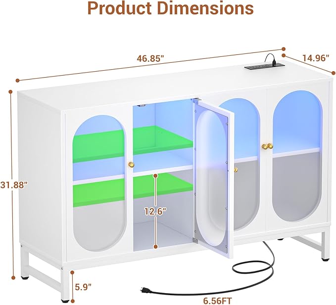 Aheaplus Sideboard Buffet Cabinet with Power Outlet, Kitchen Sideboard Storage Cabinet with LED Light, 4 Doors, Modern Accent Cabinet Coffee Bar Cabinet Console Table for Kitchen Dining Room, White - LeafyLoom