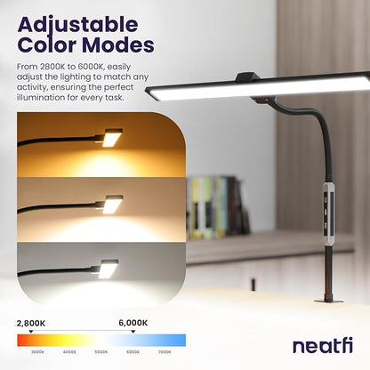 Neatfi Modern Desk Lamp with Clamp, Touch & Remote Controlled, 15W, Adjustable Color Temperature (3000K-6000K), Stepless Dimming, Flicker-Free, Wide-Angle Lighting for Home (Gooseneck, Black) - LeafyLoom