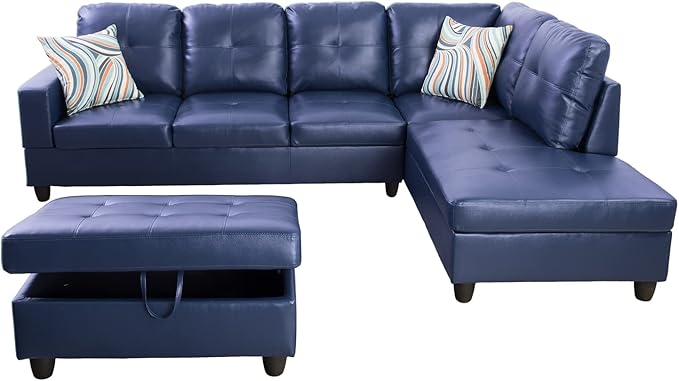 103'' L-Shape 4-Seater Faux Leather Modular Sectional Sofa, with Storage Ottoman, Upholstered Corner Couch for Home, Living Room, Apartment, Office, Blue-A - LeafyLoom