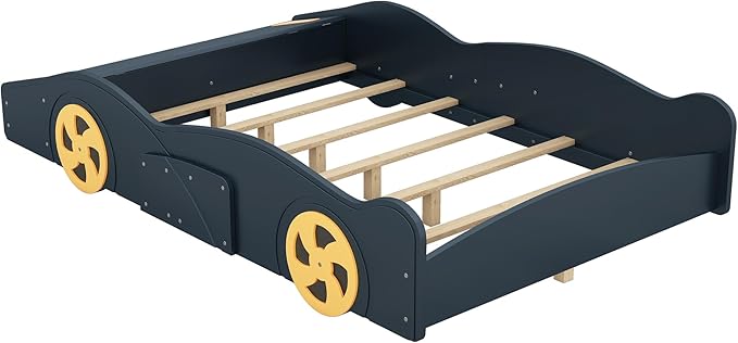 Full Size Race Car-Shaped Platform Bed with Wheels,Wooden Car Bedframe W/Storage Space,No Box Spring Required,for Boys Toddlers Kids Child's Bedroom,Dark Blue+Yellow - LeafyLoom