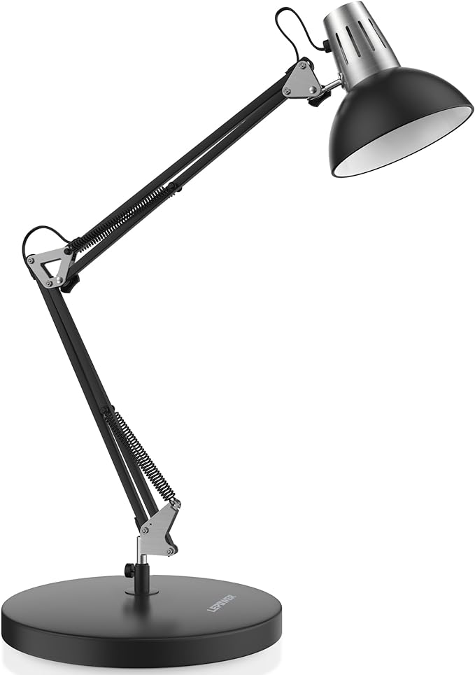 LEPOWER Metal Desk Lamp, Adjustable Goose Neck Architect Table Lamp with On/Off Switch, Swing Arm Desk Lamp with Clamp, Eye-Caring Reading Lamp for Bedroom, Study Room &Office (Black) - LeafyLoom