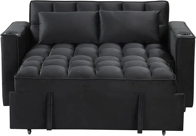 Convertible Sleeper Couch Bed, Black w/ 2 Cup Holder and USB Port - LeafyLoom