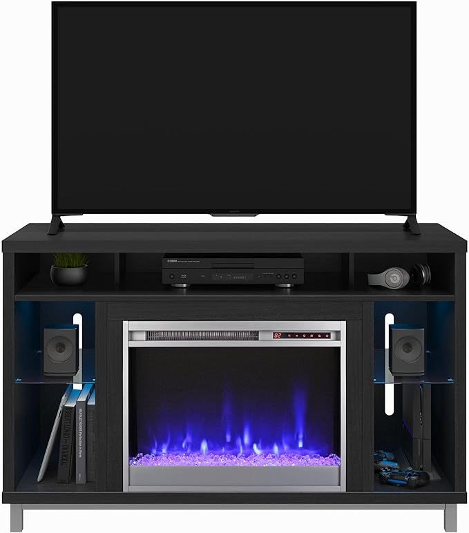 Ameriwood Home Lumina Fireplace TV Stand for TVs up to 48 Inch, Replaceable Electric Fireplace Insert Heater, Remote Control, Timer, Color Changing LED Lights, Crystal Ember Flames, Black Oak - LeafyLoom