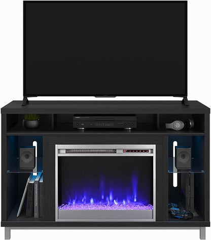 Ameriwood Home Lumina Fireplace TV Stand for TVs up to 48 Inch, Replaceable Electric Fireplace Insert Heater, Remote Control, Timer, Color Changing LED Lights, Crystal Ember Flames, Black Oak - LeafyLoom