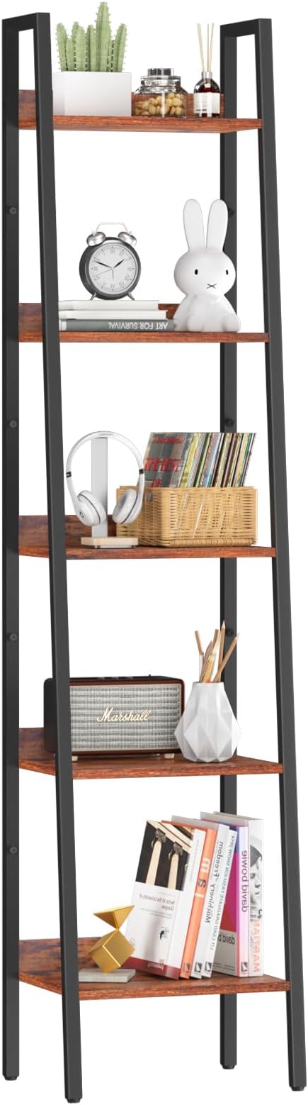 Yoobure Ladder Shelf, 5 Tier Tall Ladder Bookshelf Corner Shelf, Industrial Book Shelf Ladder Bookcase Narrow, Standing Storage Shelves Display Shelf for Bedroom Living Room Office Kitchen Bathroom - LeafyLoom