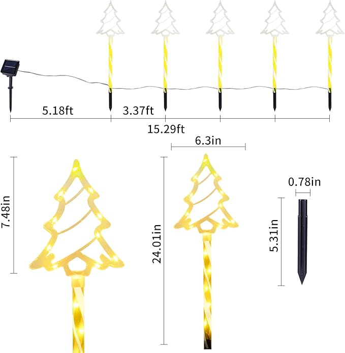 Solar Christmas Pathway Lights Outdoor Decorations, 8 Modes Xmas Tree Candy Lights Waterproof Led Garden Stake Lights for Walkway Yard Lawn Porch Holiday Decor 5-Pack (Warm White Xmas Tree Lights) BRIGHTDECK