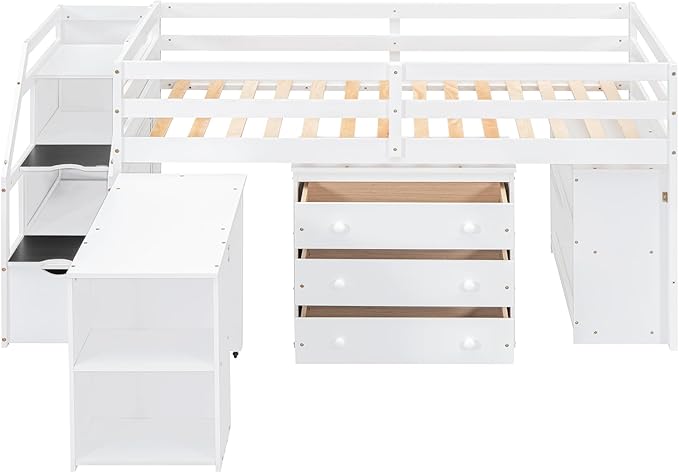 Loft Bed Frame, Twin Size Low Loft Bed with Storage Stairs, Shelves, Retractable Writing Desk and 3 Drawers, Wooden Twin Lofbed Frame for Kids Boys Girls Bedroom, Space-Saving Design, White - LeafyLoom