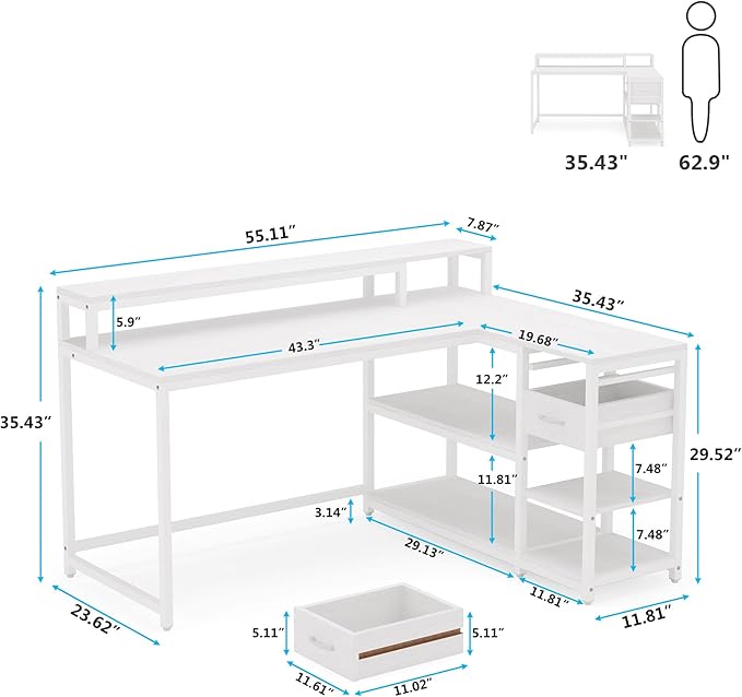 Reversible L-Shaped Computer Desk with hutch & Shelf,white - LeafyLoom