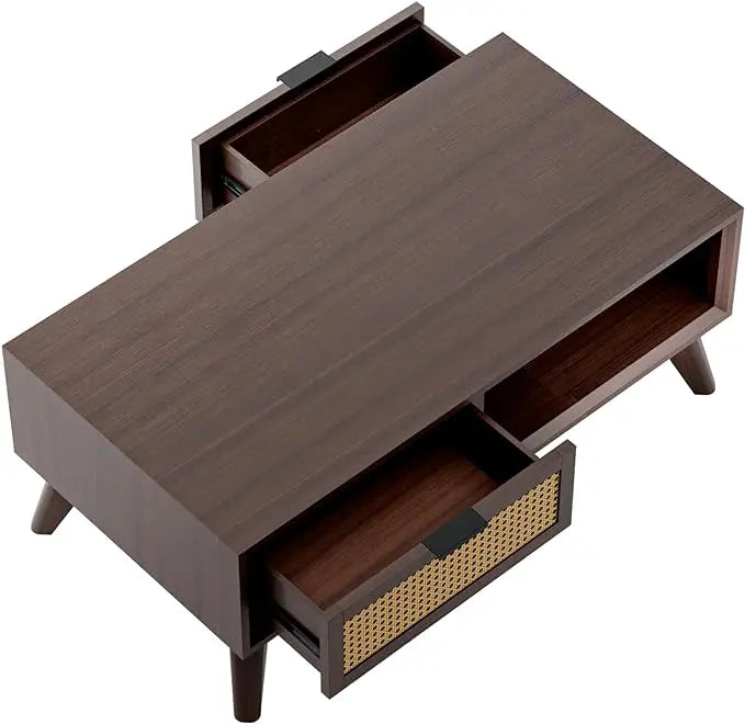 Bme Modern Solid Wood Coffee Table with Storage, Accent Rattan Design, Perfect for Living Room, Walnut, Medium - LeafyLoom