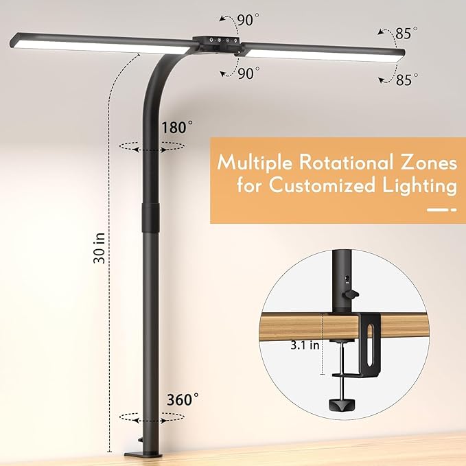 Quntis Double Head LED Tall Desk Lamp for Home Office, 31.5-inch Foldable Computer Desk Light with Clamp, Dimmable Dual Monitor Light Bar for Curved Screen Architect Drafting Design - 32 Modes - LeafyLoom