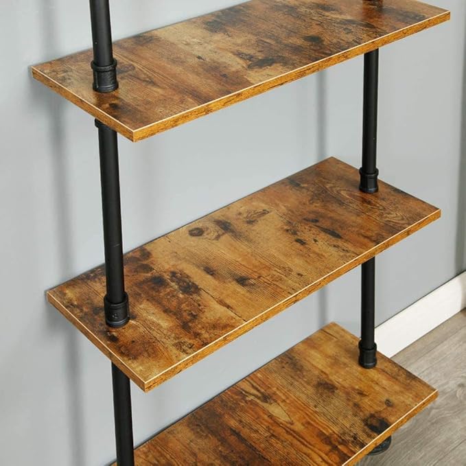 6-Tier Industrial Pipe Shelves Shelf Shelving Rustic Wood Metal Wrought Iron Ladder Bookcase Bookshelf Wall Mounted Mount DIY Loft Vintage Floating Hanging Storage Display (23.6x9.8x78.7”) - LeafyLoom