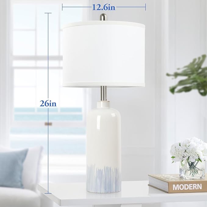 26" Ceramic Table Lamps Set of 2, Coastal Living Room Table Lamps with White Fabric Shades, Large Modern Bedside Lamps for Bedroom Nightstand Office Hotel Beach House, Blue Accent - LeafyLoom