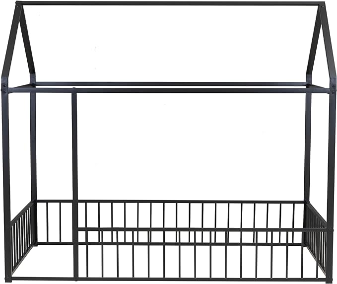 RITSU Twin Size Montessori Floor Bed, Metal House Bedframe with Fence, Robust Construction is Used, for Children'S Rooms, Boys Girls, No Box Spring Needed, Easy Assembly, Black - LeafyLoom