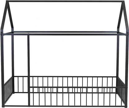 RITSU Twin Size Montessori Floor Bed, Metal House Bedframe with Fence, Robust Construction is Used, for Children'S Rooms, Boys Girls, No Box Spring Needed, Easy Assembly, Black - LeafyLoom