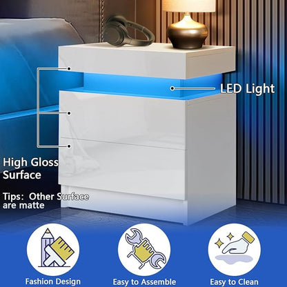 HOMMPA LED Nightstand White Nightstand with Led Lights Modern Night Stand with 2 High Gloss Drawers Led Bedside Table Smart Nightstand for Bedroom 20.5” Tall - LeafyLoom