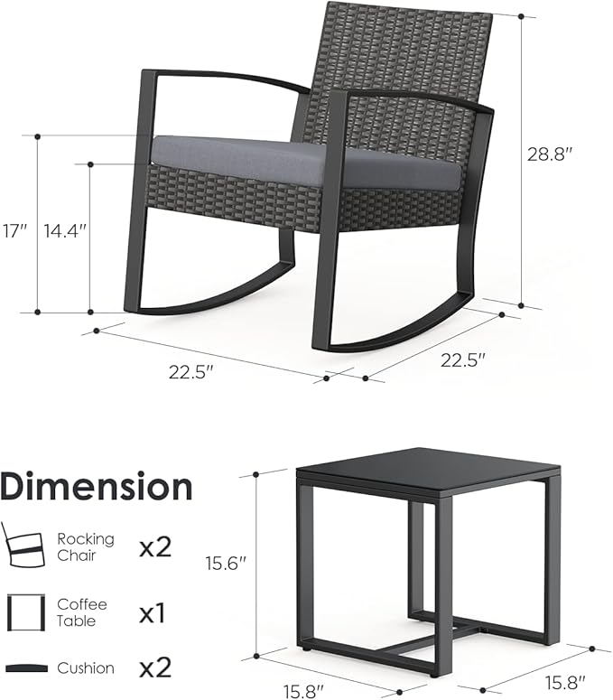 3 Piece Wicker Patio Furniture Set, Outdoor Rocking Chairs, Outdoor Furniture with Table & Cushions, Patio Chairs Balcony Porch Furniture, Gray - LeafyLoom