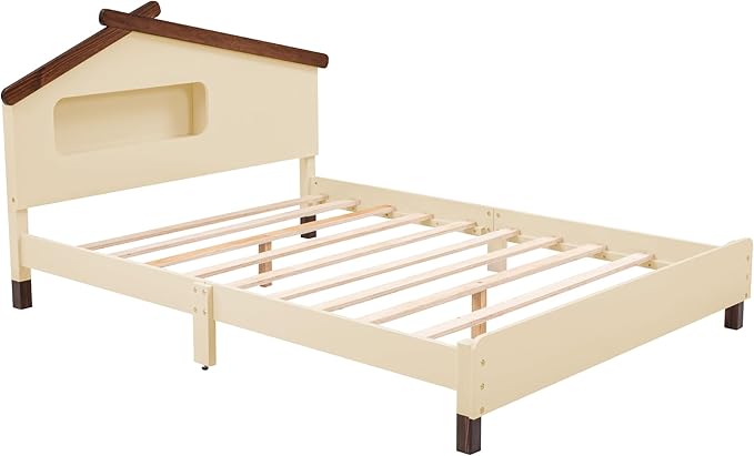 Full Size Bed Frame for Kids,Full Platform Bed with House-Shaped Headboard and Motion Activated Night Lights,Wood Full Kids Bed Frame for Girls,Boys(Full,Cream) - LeafyLoom