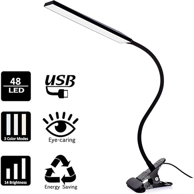 TOPESEL 5W 48 LEDs Dimmable Clip-on Led Desk Lamp, Eye-Care Flexible Gooseneck USB Clamp Reading Lamp, 3 Color Temperature, 14 Brightness Levels Table Lamp, Black - LeafyLoom