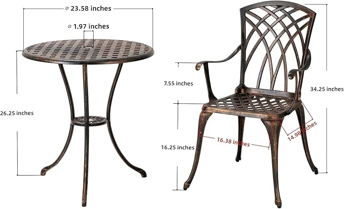 Bistro Set 3 Piece Rustproof Cast Aluminum Patio Furniture Sets Round Table with Umbrella Hole for Outdoor, Patio, Balcony, Bronze - LeafyLoom