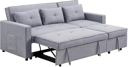 3 in 1 Convertible Sleeper Sofa Bed, Pull Out Couch with 3 Level Adjust Backrest, Futon Loveseat Chaise Lounge with Side Pockets and Throw Pillows for Living Room Office, Light Gray 79.75" - LeafyLoom