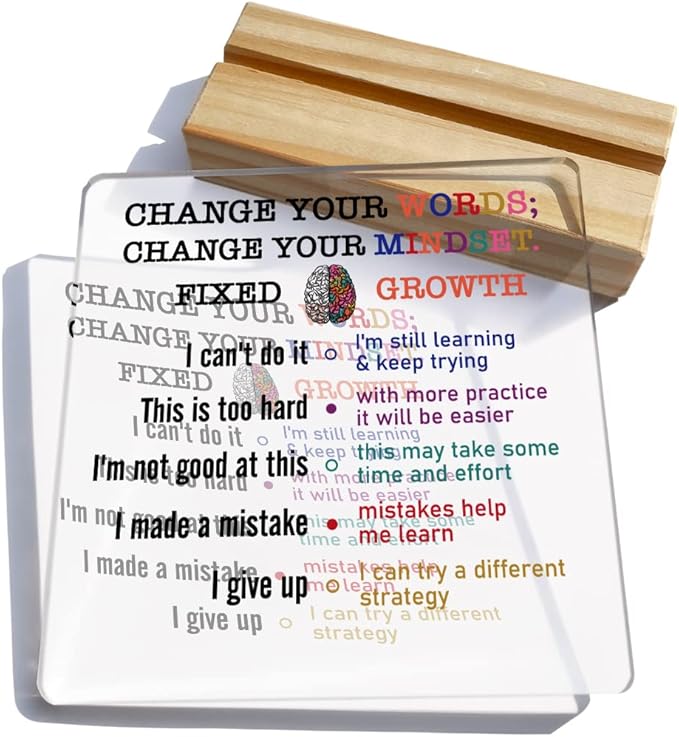 Growth Mindset Gift Change Your Words Change Your Mindset Clear Desk Decorative Sign Keepsake Present Positive Acrylic Plaque with Wooden Stand Sign Desk Decor for Home Office - LeafyLoom