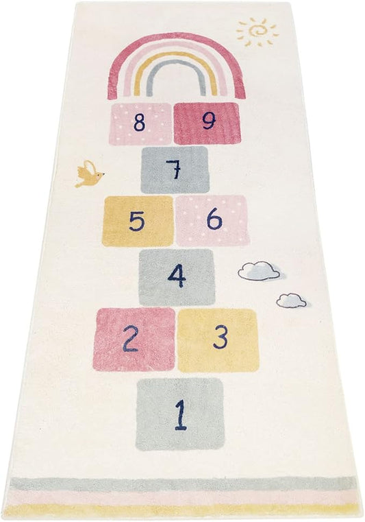 Topotdor Rainbow Sky Hopscotch Game Rugs,Kids Play Area Rugs Soft Floor Carpet for Bedroom Playroom Nursery,Great Gift for Girls & Boys,47" x 67" - LeafyLoom