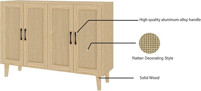 Panana Buffet Storage Cabinet with Rattan Decorating 4 Doors Living Room Kitchen Sideboard 48.43 x 34.65 x 15 inch (Natural Wood) - LeafyLoom