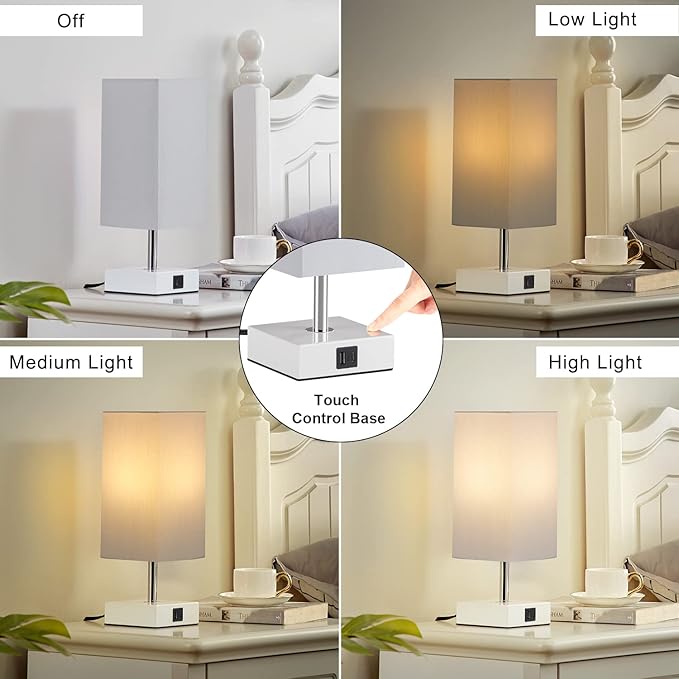 Ambimall Grey Table Lamp with USB Ports - 3 Way Touch Lamps Beside Desk, Nightstand Lamp for Bedrooms Living Room, Grey Shade with White Base, LED Bulb Included(Grey) - LeafyLoom