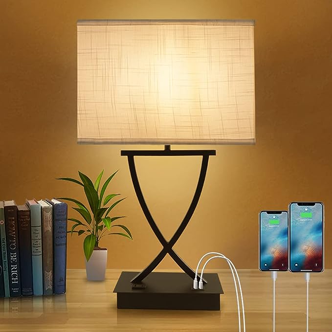 3-Way Dimmable Touch Control Medium Table Lamp with Type C/USB Charging Port and 1 AC Outlet White Shade 21.38" Bedside Nightstand Lamp for Bedroom Living Room Office and Hotel Bulb Included - LeafyLoom