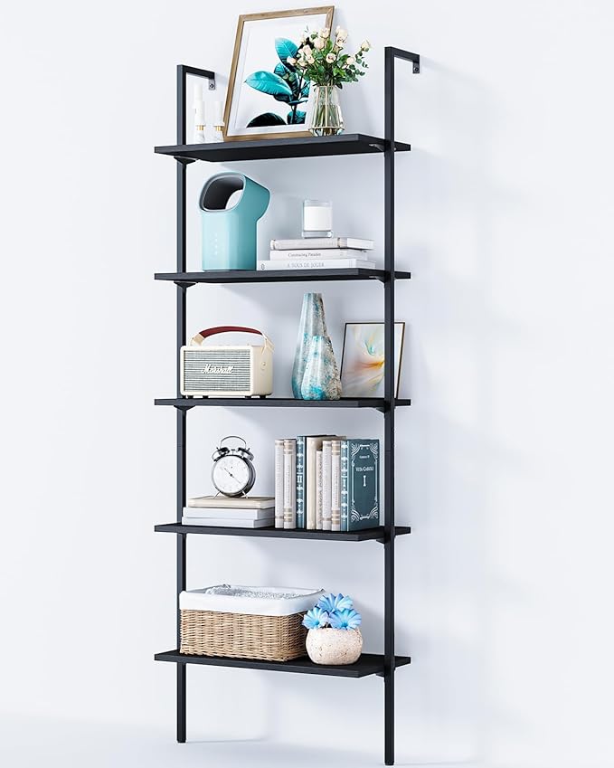 ODK 5-Tier Ladder Shelf, 74 Inches Wall Mounted Ladder Bookshelf with Metal Frame, Open Industrial Shelves for Home Office, Bedroom and Living Room, Black - LeafyLoom