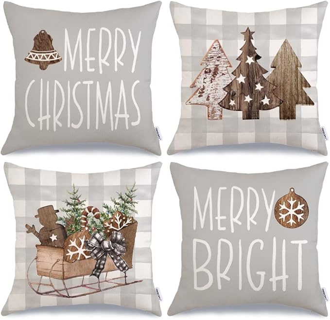 GEEORY Christmas Pillow Covers 18 x 18 Inch Set of 4, Buffalo Plaid Wooden Tree Snow Sleigh Merry Xmas Holiday Decor Decorative Throw Cushion Cases Decoration for Home Party Sofa Couch (Beige) GEEORY