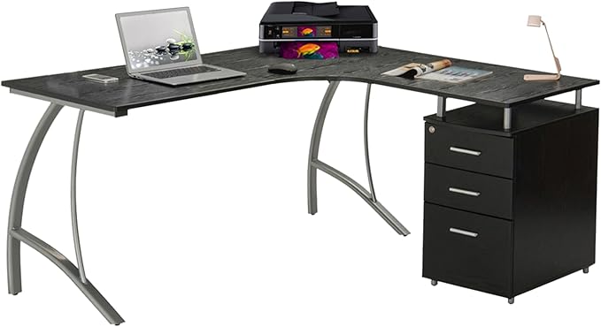 Techni Mobili Modern Computer File Cabinet and Storage L-Shaped Desk, Espresso - LeafyLoom