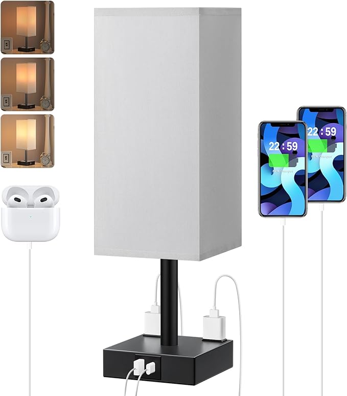 Touch Bedside Table Lamp For Nightstand - 3-Way Dimmable Night Lamp with USB A + Type C Charging Ports and two AC Outlets, Small Desk Light with E26 LED Bulb for Bedroom Living Room Office, Grey Black - LeafyLoom