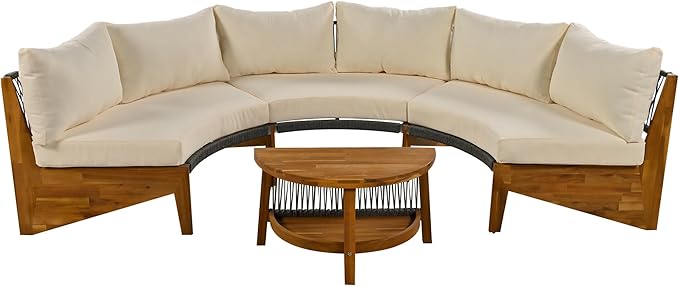 Merax Outdoor Sectional Patio Furniture Sets, Half Moon All Weather Wicker Seating Group, with Cushions and Round Coffee Table, Beige - LeafyLoom