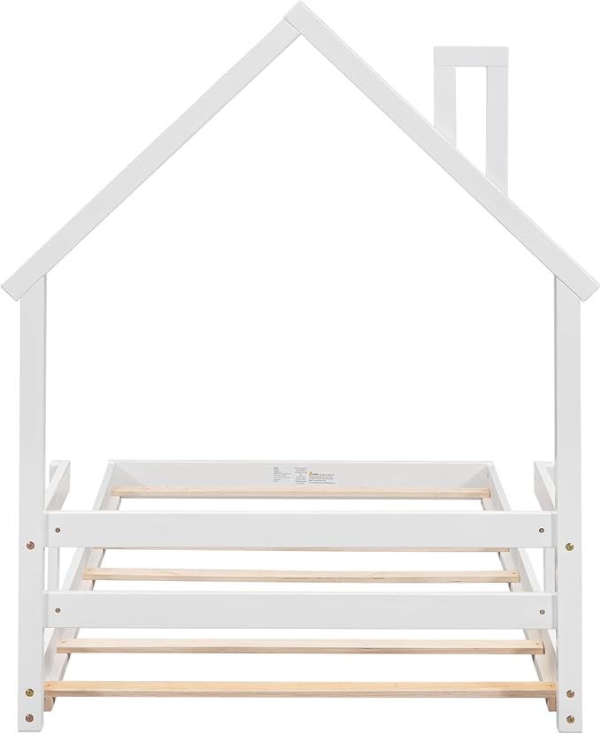 Bellemave Twin Size House-Shaped Headboard Floor Bed for Kids,Montessori Floor Bed with Handrails and Slats,Wood House Bed Twin for Girls,Boys(Twin,White) - LeafyLoom