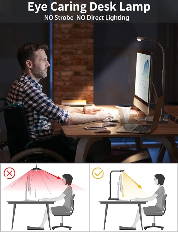 LED Desk Lamp for Home Office, Double Head 24W with USB Charging Port & Wireless Charger, Architect Light 5 Lighting Brightness Flexible Gooseneck Table Reading Study, Black - LeafyLoom