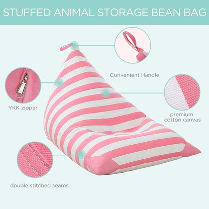 Aubliss Stuffed Animal Storage Bean Bag Chairs Cover, 50"x 35" Extra Large Bean Bags Chair for Kids & Adults, Beanbag Toy Storage for Boys Girls - Premium Cotton Canvas Pink Stripe - LeafyLoom