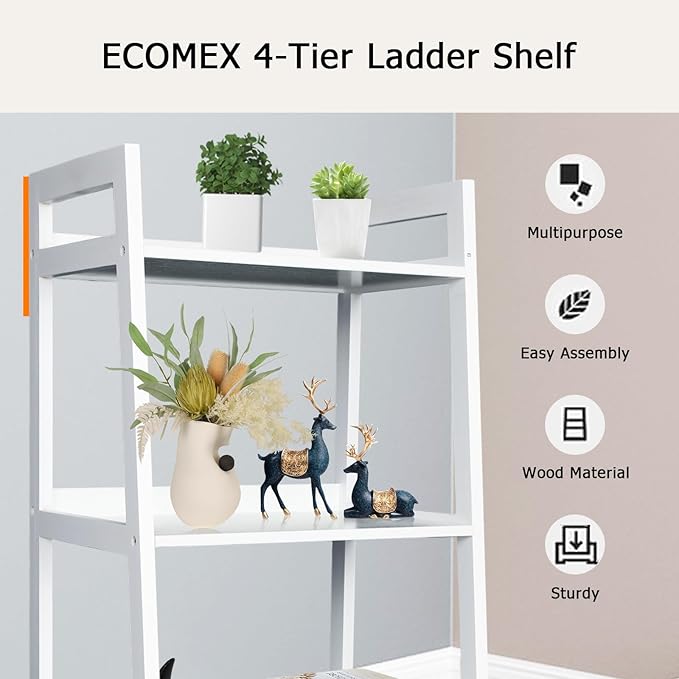 ECOMEX 4-Tier Ladder Shelf, Solid Pine Frame, 20 lbs Capacity per Partition, Modern Style, Home Office, Bedroom (White) - LeafyLoom