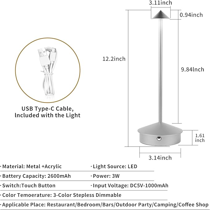 Rechargeable Battery Operated Desk Lamp with Touch Sensor Cordless Portable LED Table Lamp， Three-Level Dimmable Suitable for Bars/Cafes/Restaurants/Bedrooms/Camping Sites (Silver) - LeafyLoom