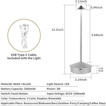 Rechargeable Battery Operated Desk Lamp with Touch Sensor Cordless Portable LED Table Lamp， Three-Level Dimmable Suitable for Bars/Cafes/Restaurants/Bedrooms/Camping Sites (Silver) - LeafyLoom